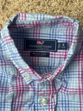 Vineyard Vines boys Pink & Blue Plaid Whale Shirt - Small
